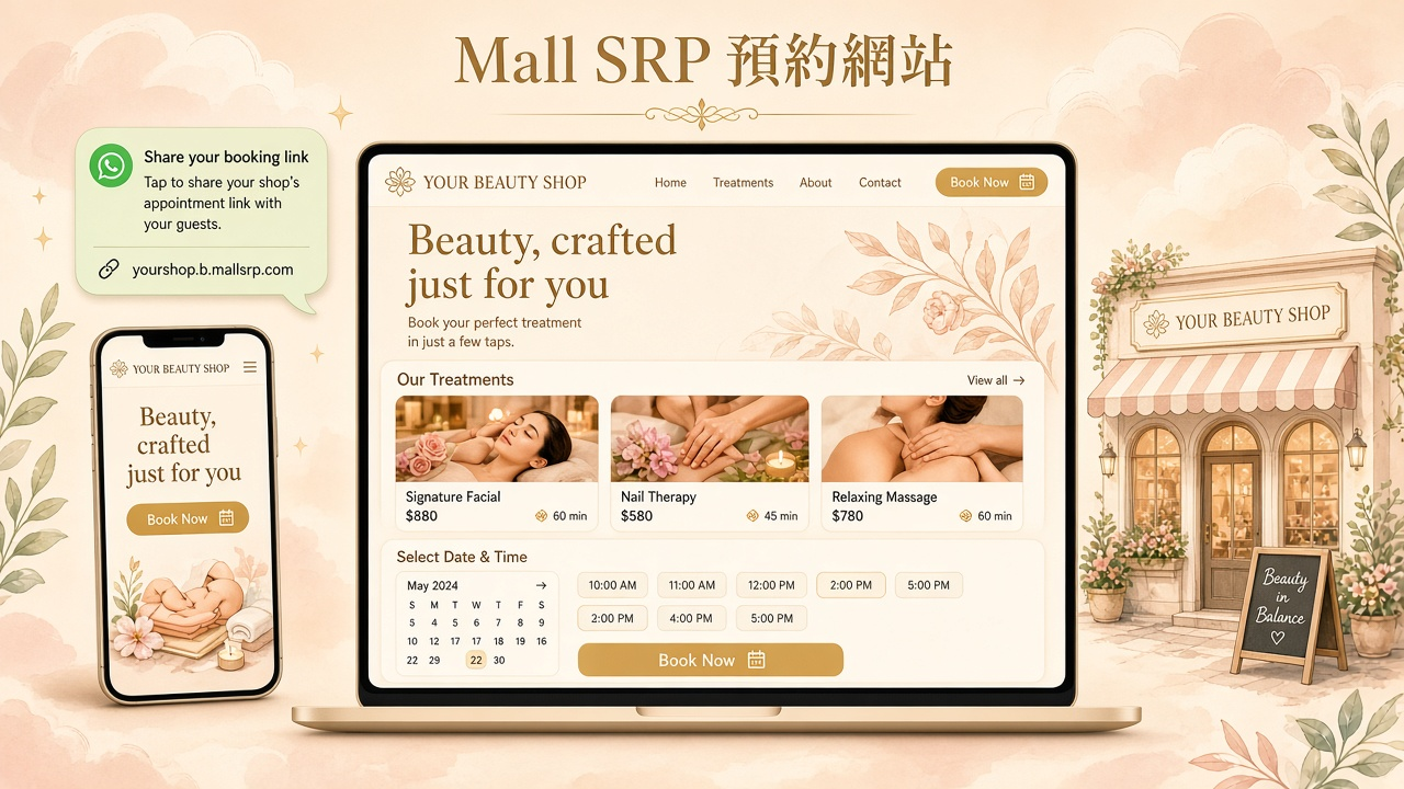 Mall SRP 預約網站，網址為你的店.b.mallsrp.com